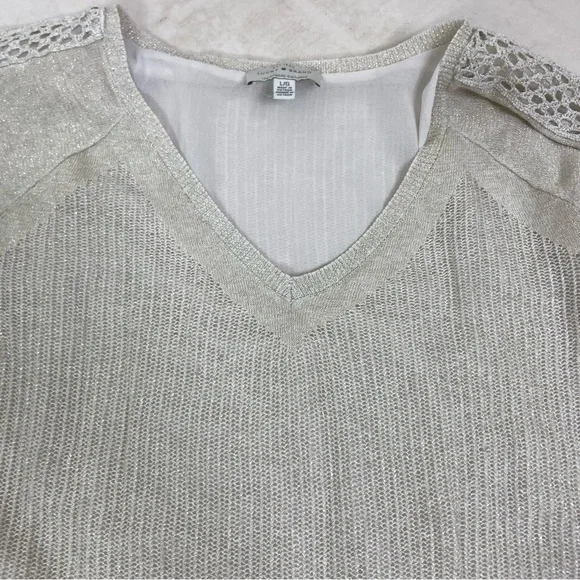 Lucky Brand ecru metallic linen bled crochet sweater shirt ruffle top.Size Large - Picture 7 of 13
